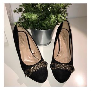 black suede with gold chain wedges